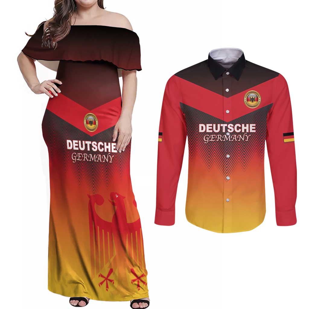 Custom Germany Football Couples Matching Off Shoulder Maxi Dress and Long Sleeve Button Shirt Special Flag Style - Wonder Print Shop