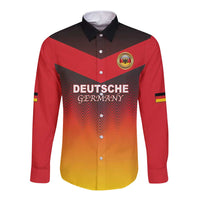 Unisex long-sleeve button soccer shirt, red-yellow gradient, front crest and zigzag graphic