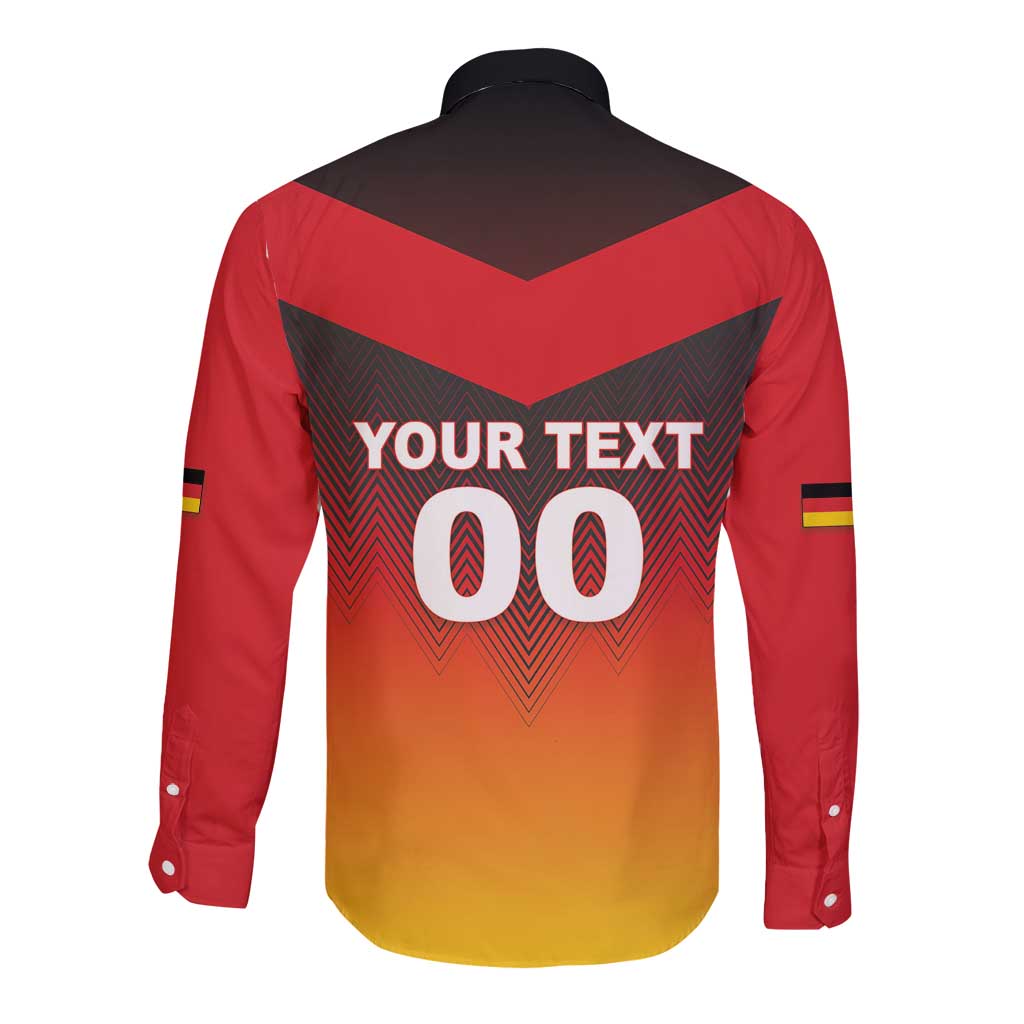 Unisex long-sleeve button soccer shirt, red-yellow gradient, back 'YOUR TEXT 00' and flags