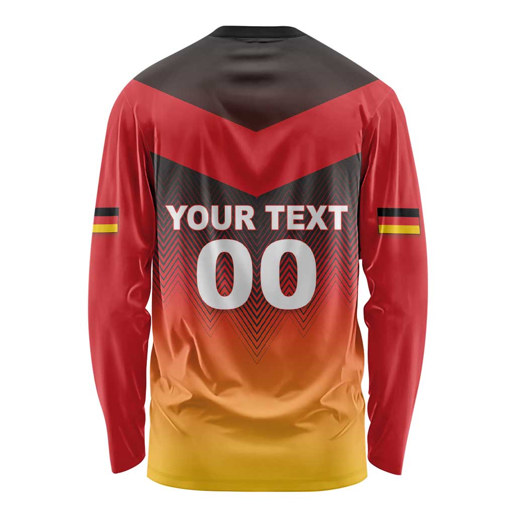 Unisex red long-sleeve football shirt back with YOUR TEXT 00 and chevron stripes