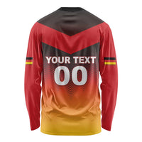 Unisex red long-sleeve football shirt back with YOUR TEXT 00 and chevron stripes