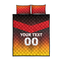 Red quilt bed set with black border, matching pillowcases; "YOUR TEXT 00" over orange-yellow chevrons