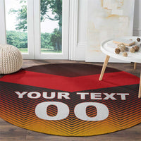 Round football-style carpet, red center, black and orange zigzag, YOUR TEXT with big 00