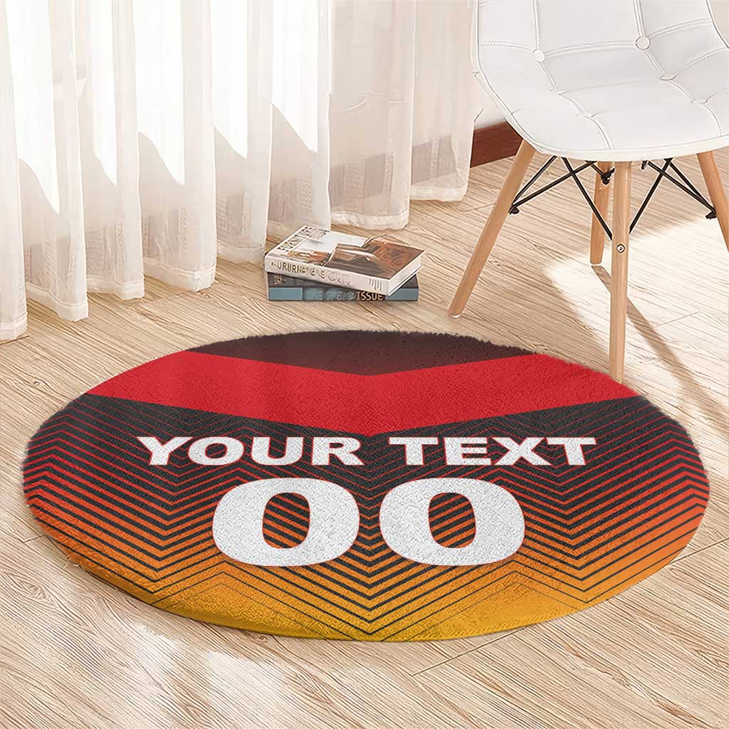 Round football-style carpet, red center, black and orange zigzag, YOUR TEXT with big 00