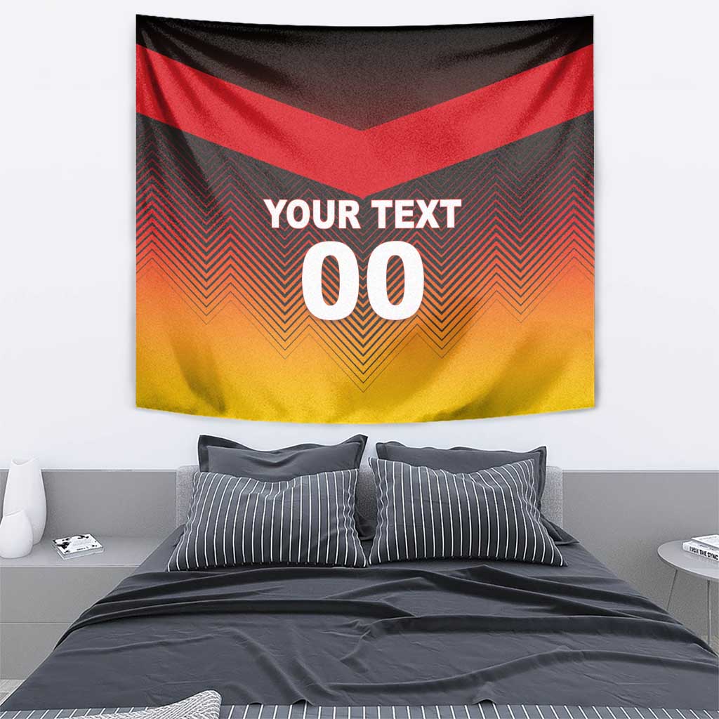Rectangular wall tapestry flag with red/black/yellow chevrons and custom text
