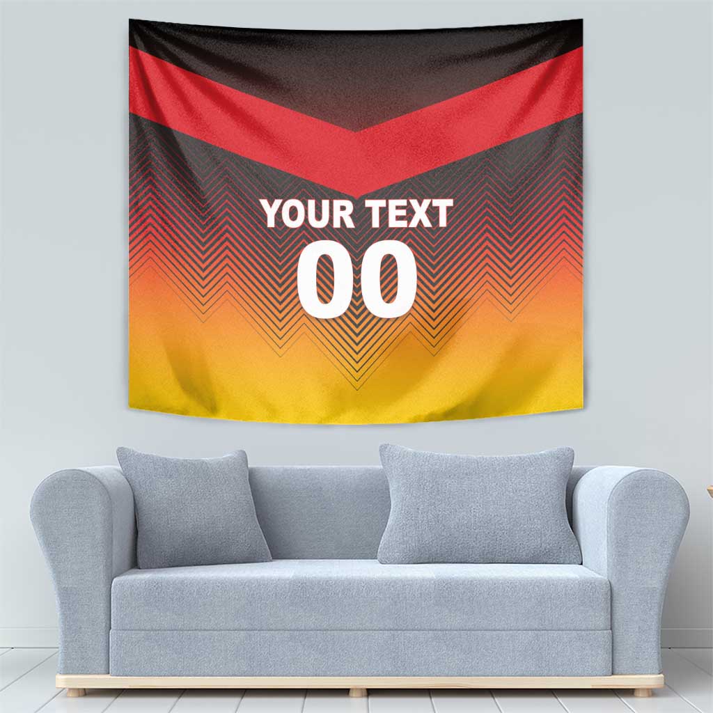 Rectangular football tapestry flag with red/black/yellow chevron pattern and custom text