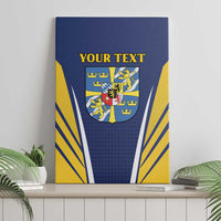 Blue flag-style canvas wall art with crest and 'YOUR TEXT' on a shelf