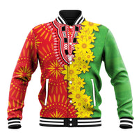 Multicolor folk-pattern baseball jacket with snap front, ribbed collar, striped cuffs