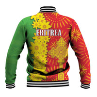Folk-pattern baseball jacket back with large ERITREA print, ribbed collar, striped hem