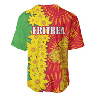 Baseball jersey with green and red folk pattern, yellow flowers and fireworks, ERITREA graphic.