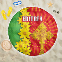 Round beach blanket with green and red folk pattern, 'ERITREA' text, yellow flowers, fringed edge