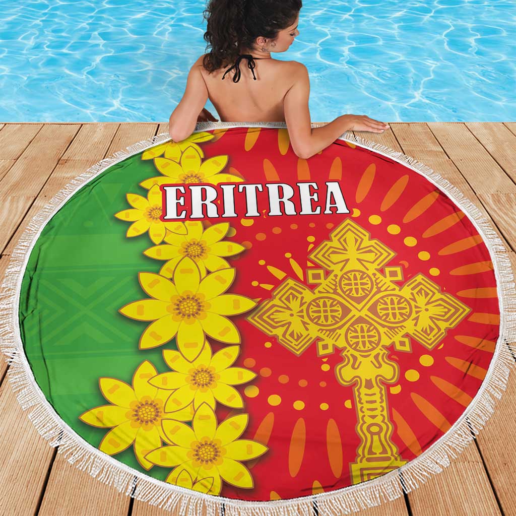 Round beach blanket in red and green with yellow flowers, 'ERITREA' text, fringed edge