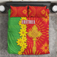 Eritrean bedding set with green, red, and yellow folk pattern and ERITREA text on comforter