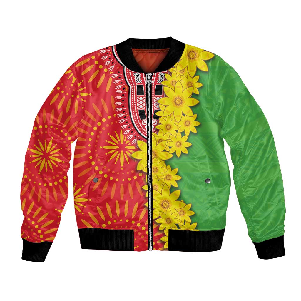 Unisex bomber jacket with red and green folk floral pattern, yellow details, black trim