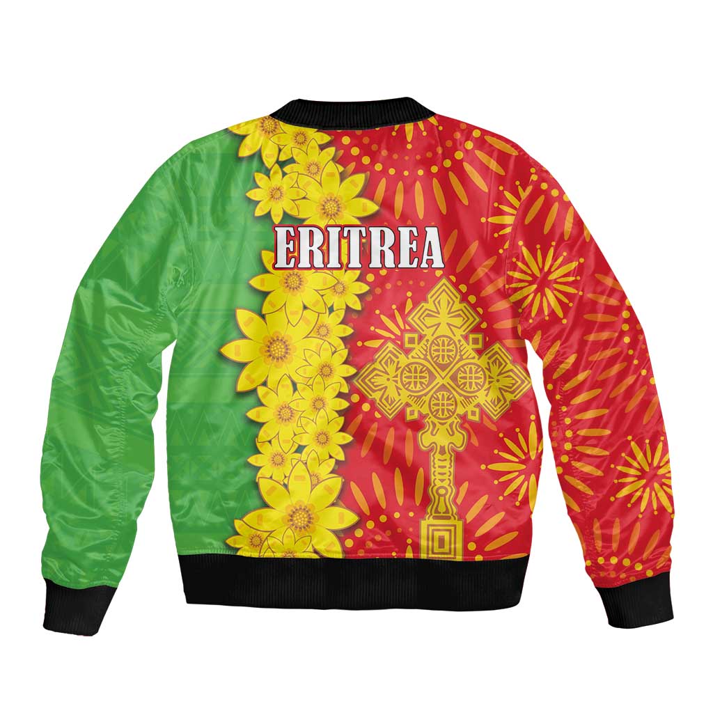 Unisex bomber jacket back with ERITREA text, yellow cross and floral pattern on red/green