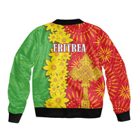 Unisex bomber jacket back with ERITREA text, yellow cross and floral pattern on red/green