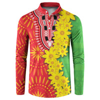 Button sweatshirt with red and green folk pattern and large yellow flower motifs