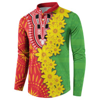 Men's button sweatshirt with red, green, and yellow folk floral panel
