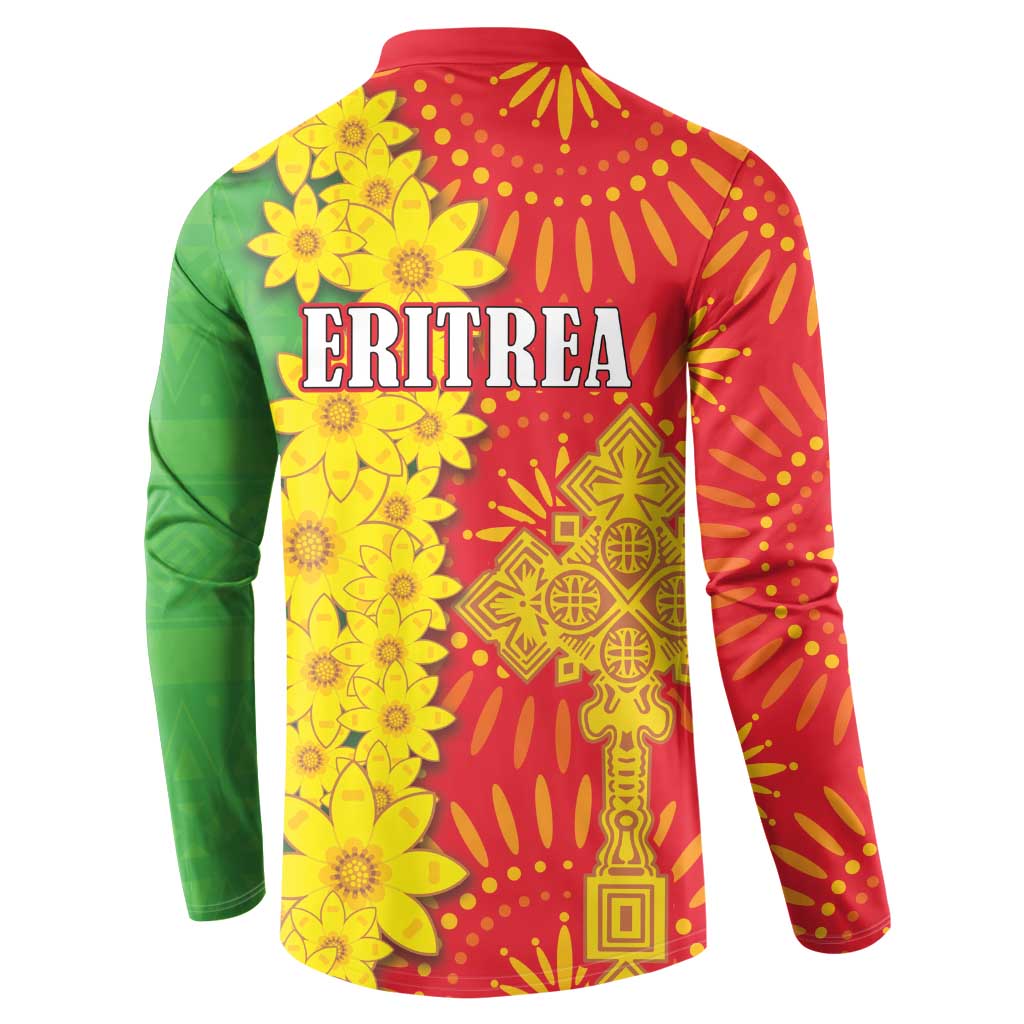 Button sweatshirt back view with ERITREA text, yellow florals, and red sunburst pattern