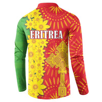 Button sweatshirt back view with ERITREA text, yellow florals, and red sunburst pattern