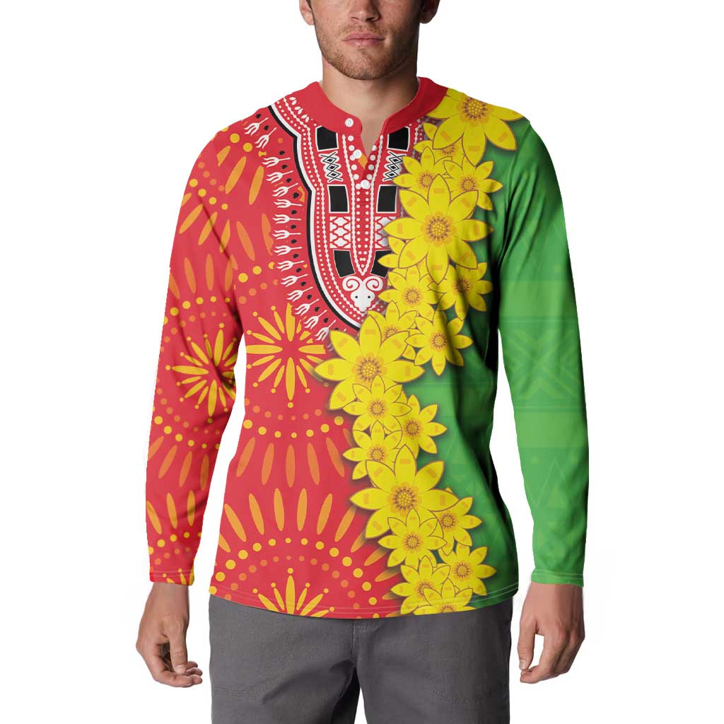 Button sweatshirt with red, green, and yellow design and yellow flower cluster on chest