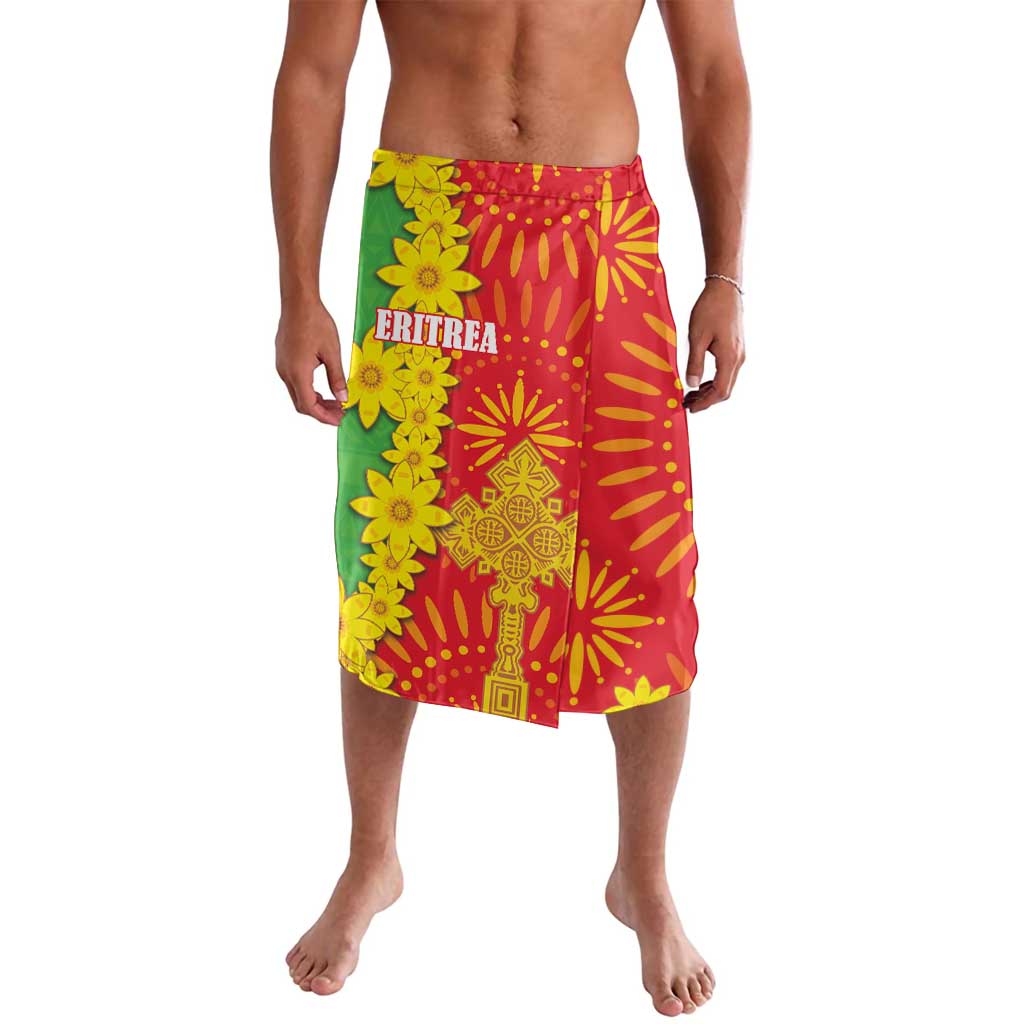 Red dashiki-style lavalava skirt with green and yellow floral folk motifs, 'ERITREA' print