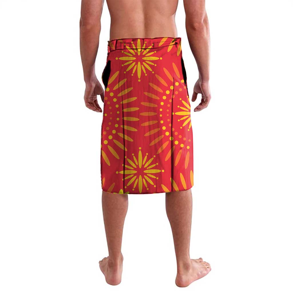 Red dashiki-style lavalava skirt with yellow folk sunburst pattern, knee length