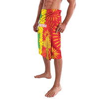 Red dashiki-style lavalava skirt with yellow folk print and 'ERITREA' label, knee length