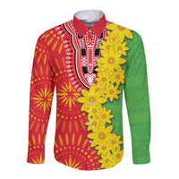 Long-sleeve button shirt with folk floral pattern, red and green with yellow details