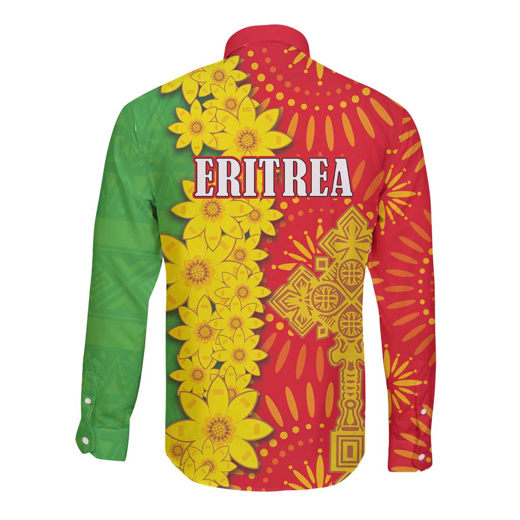Long-sleeve button shirt, back graphic text 'ERITREA' with red, green and yellow pattern