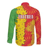 Long-sleeve button shirt, back graphic text 'ERITREA' with red, green and yellow pattern