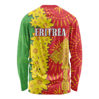 Unisex long-sleeve dashiki shirt, back print with ERITREA and yellow floral motif on red