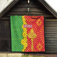 Wall-hung quilt with green quilted center, red folk pattern, yellow flowers, 'ERITREA'