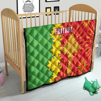 Kids crib quilt with green quilted panel, red folk print, yellow flowers, 'ERITREA'