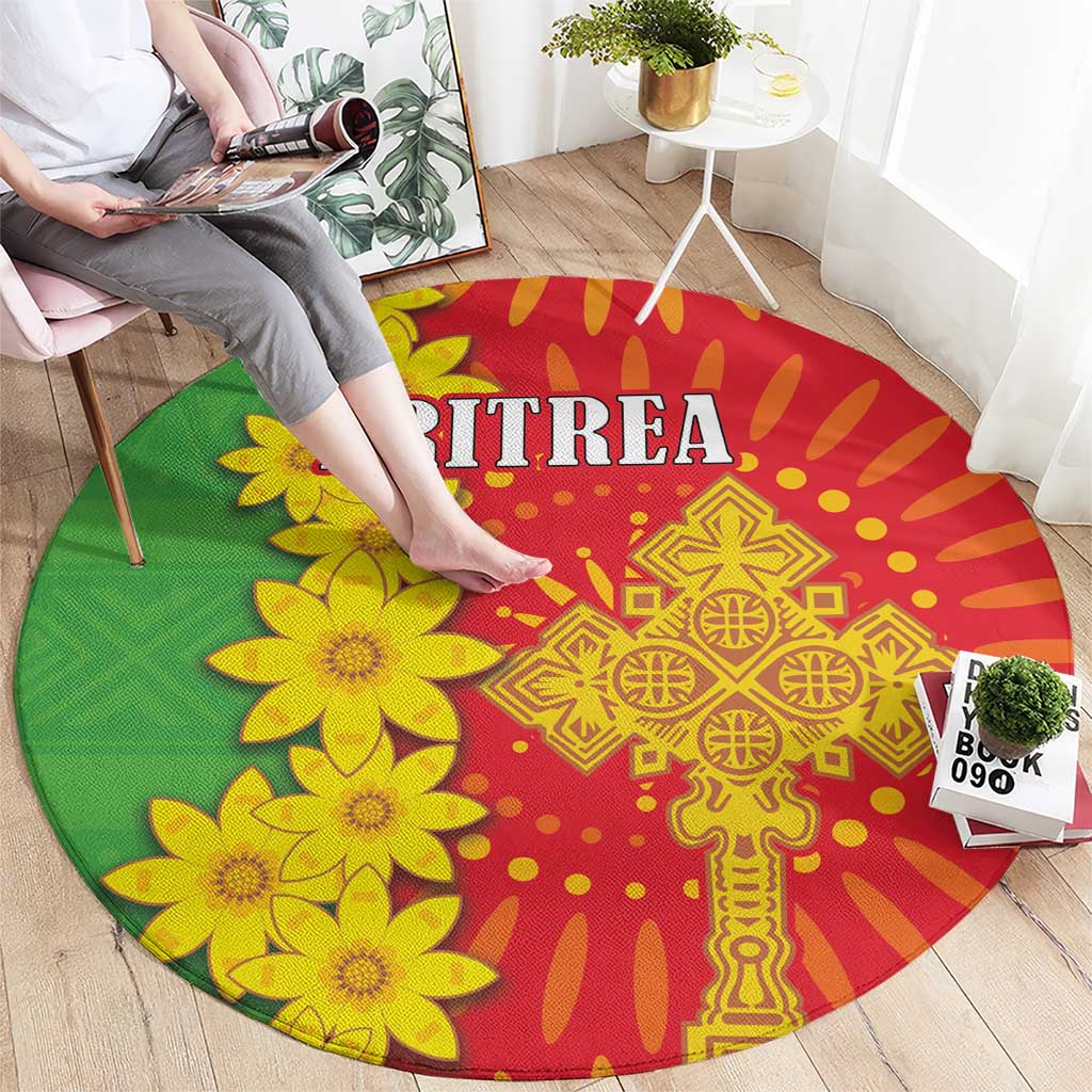Round folk-pattern carpet with green base, red center, yellow flowers, and ERITREA lettering