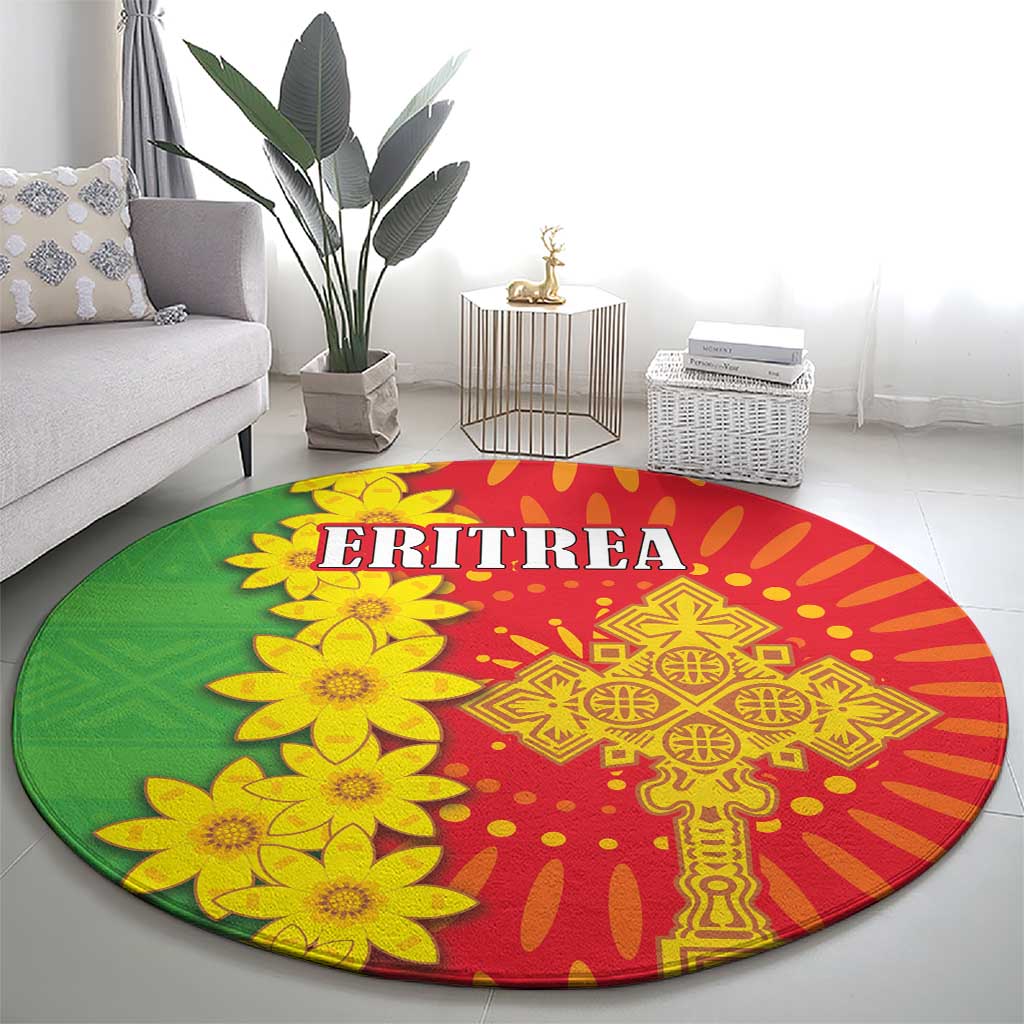 Round folk-pattern carpet featuring ERITREA text, yellow flowers, and red geometric motif