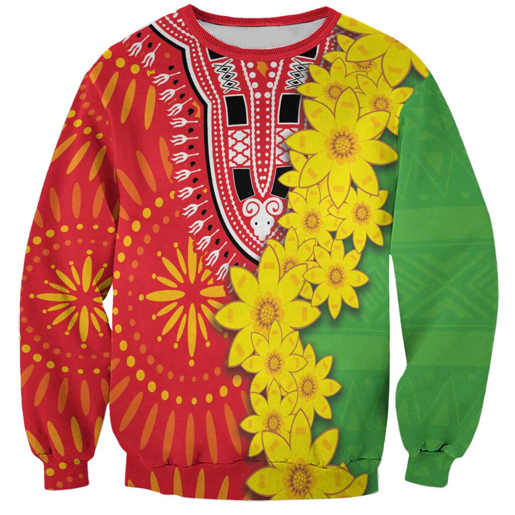 Unisex dashiki sweatshirt in red and green with yellow folk floral pattern