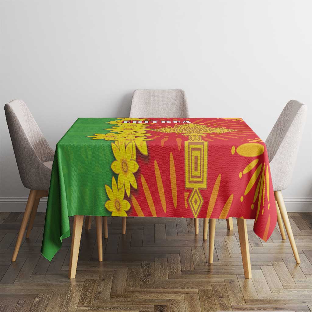 Rectangular folk-pattern tablecloth with red and green background and yellow floral accents