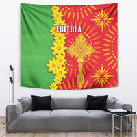 Eritrea tapestry with folk pattern, green and red with yellow flowers and text