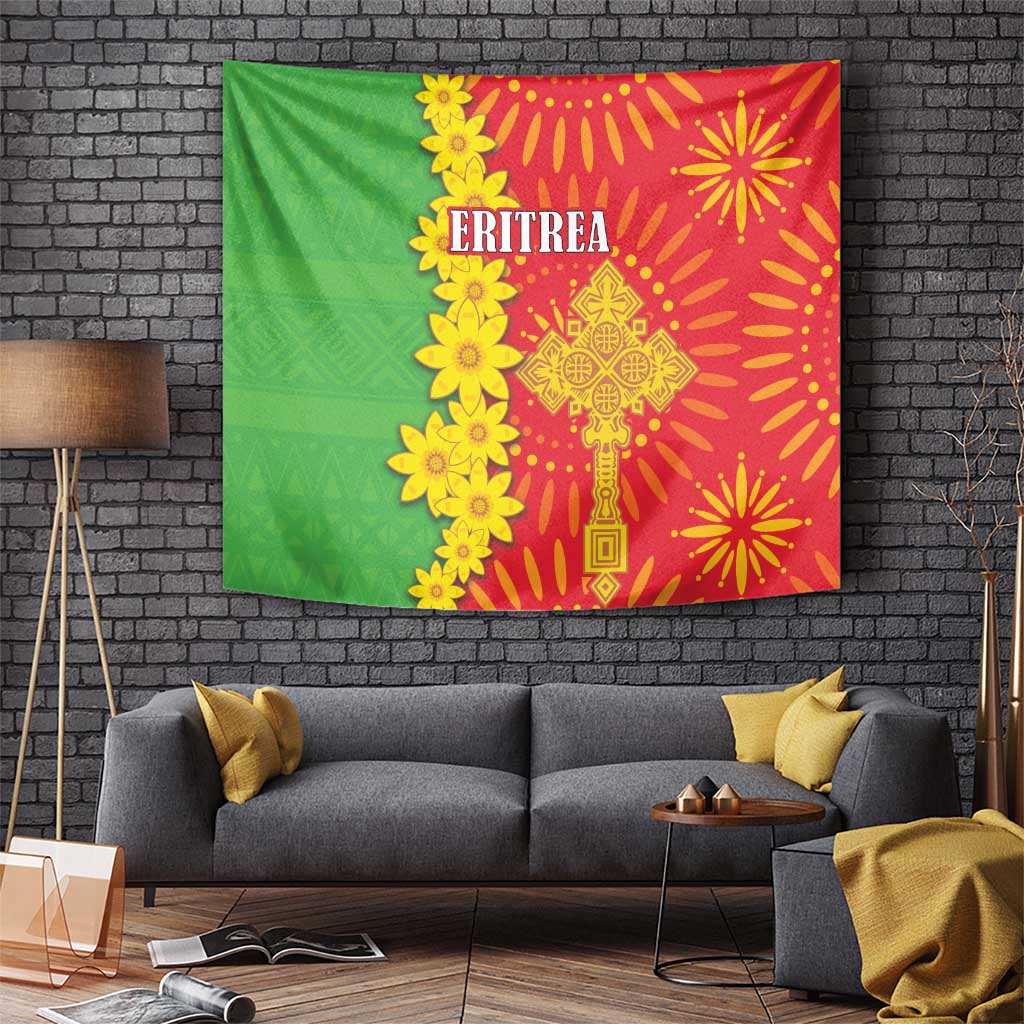 Wall tapestry with Eritrea folk pattern, green left and red right with yellow floral motifs