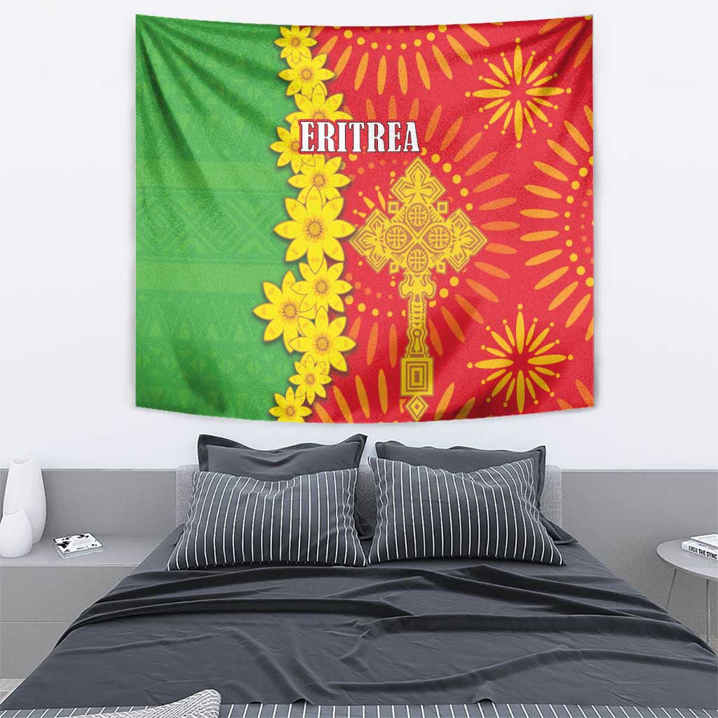 Bedroom wall tapestry with Eritrea folk pattern, green-red split with yellow floral and symbols