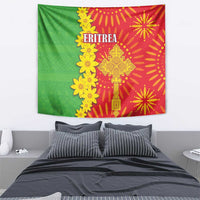 Bedroom wall tapestry with Eritrea folk pattern, green-red split with yellow floral and symbols