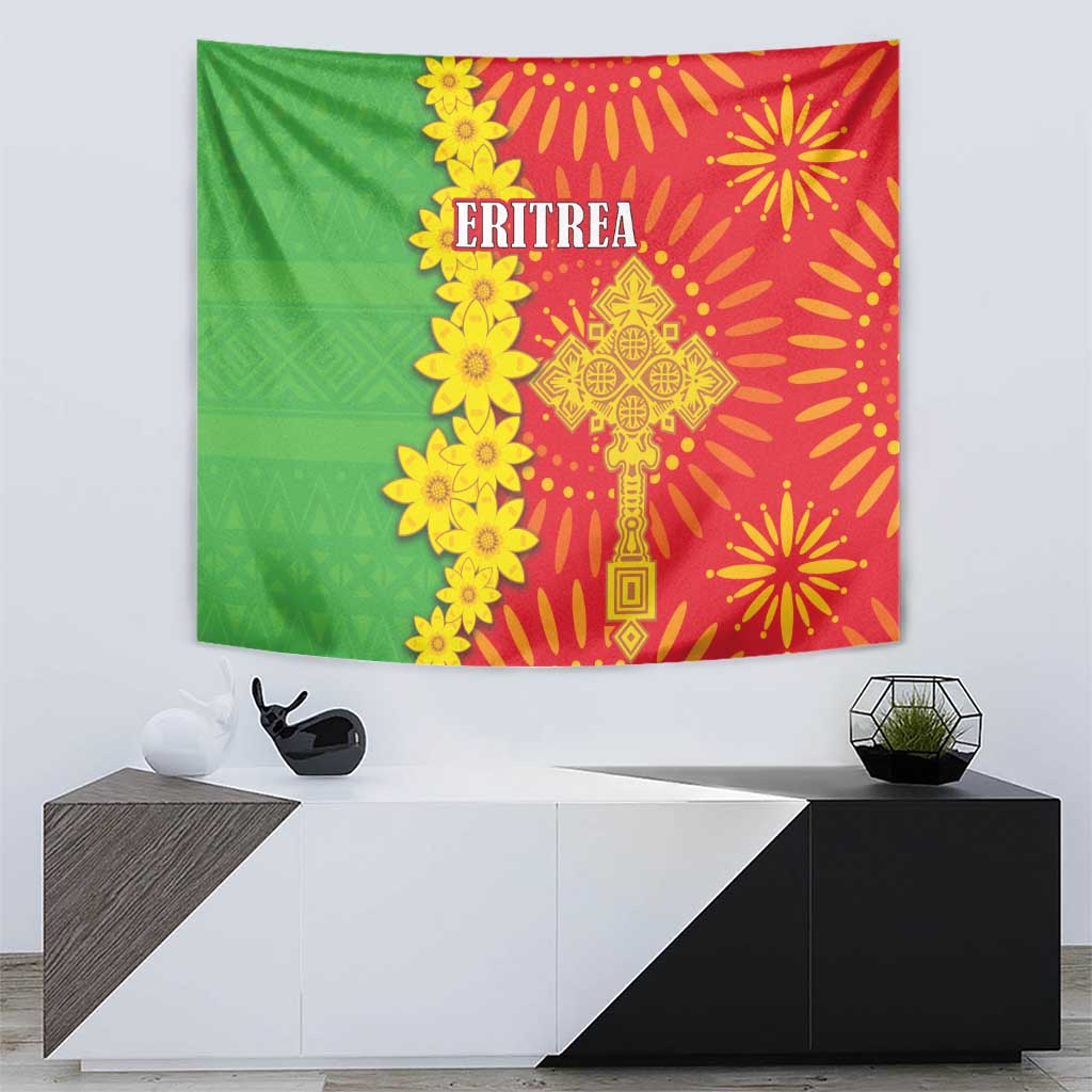 Hanging tapestry featuring Eritrea text and yellow folk symbols on green and red background