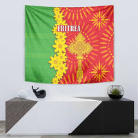 Hanging tapestry featuring Eritrea text and yellow folk symbols on green and red background