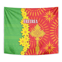 Square tapestry with Eritrea text, green and red fields with yellow flower garland and sunbursts