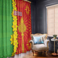 Folk-pattern window curtains with green and red panels, yellow flowers, gold emblem and sunburst print