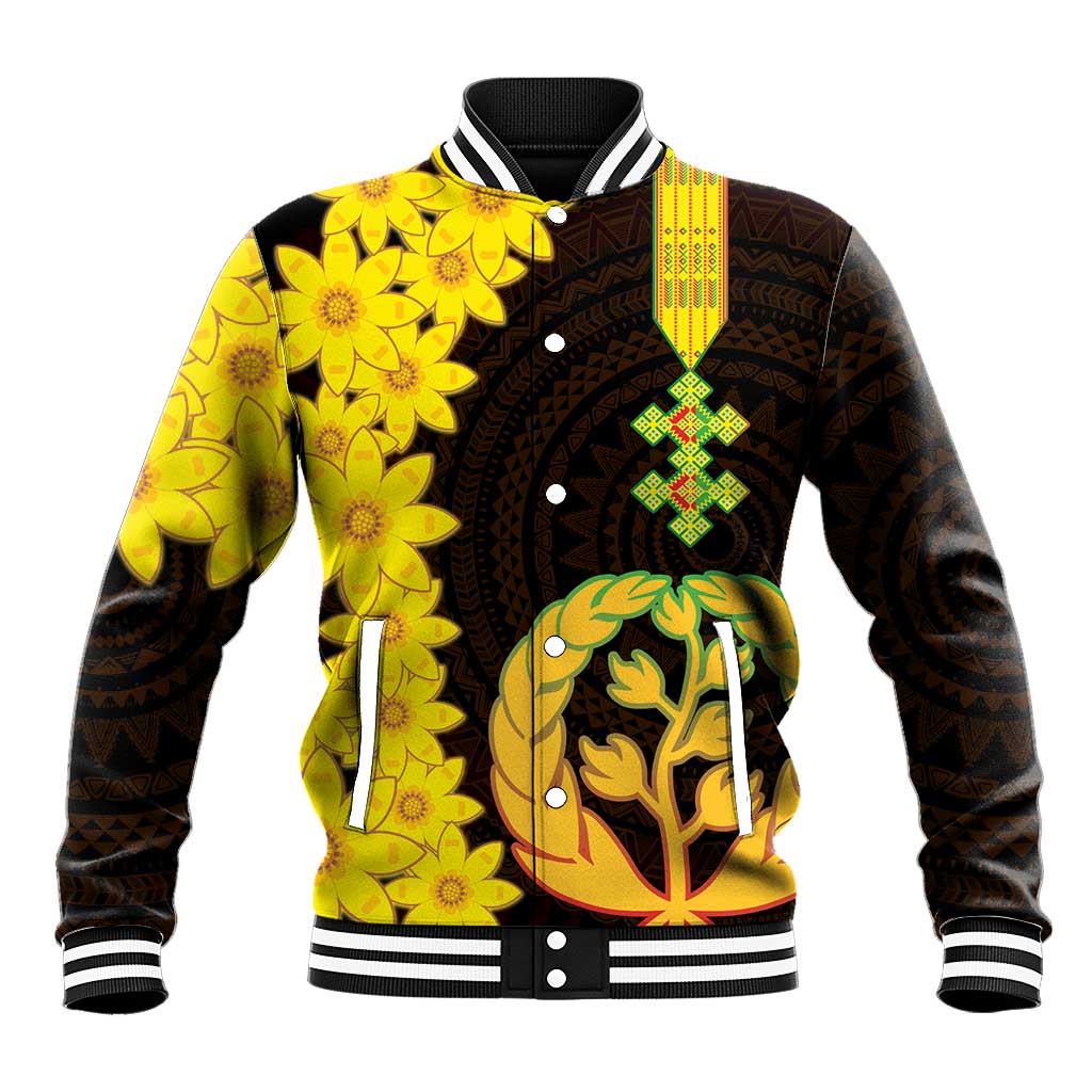 Black and yellow varsity baseball jacket with snap buttons, floral coat-of-arms on front