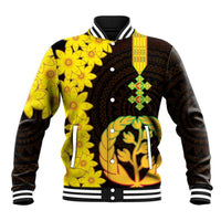 Black and yellow varsity baseball jacket with snap buttons, floral coat-of-arms on front