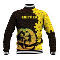 Black and yellow varsity baseball jacket, ERITREA graphic and floral coat-of-arms on back