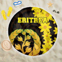 Round Eritrea beach blanket with fringed border, ERITREA text, yellow blooms and green tree